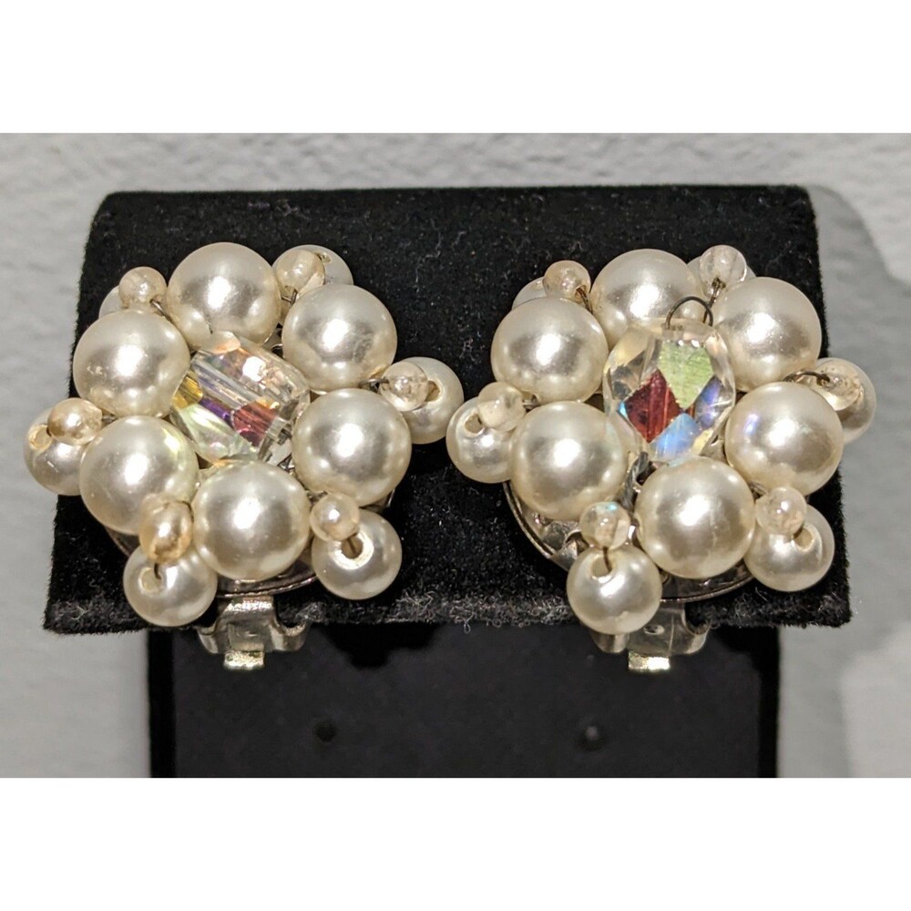 Vintage Japan Faux Pearl Aurora Borealis Faceted Clip Ons